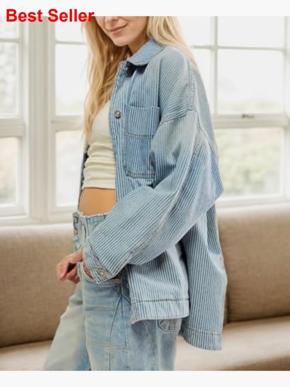 Striped Denim Jacket Casual Long Sleeve Boyfriend Coat with Pockets - Picture 3 of 7